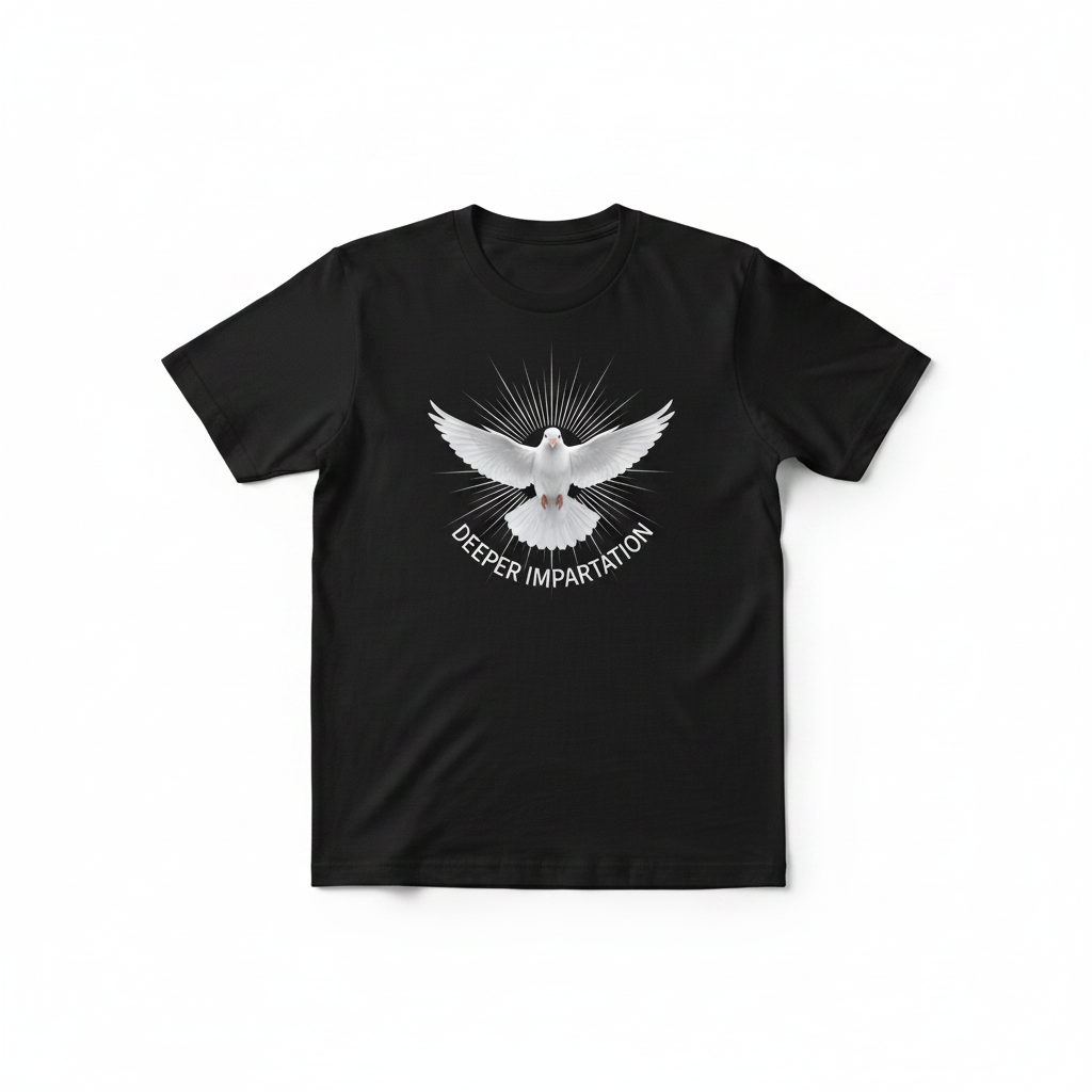 Black t-shirt with Deeper Impartation dove logo