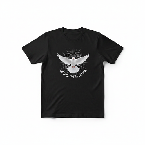 Black t-shirt with Deeper Impartation dove logo