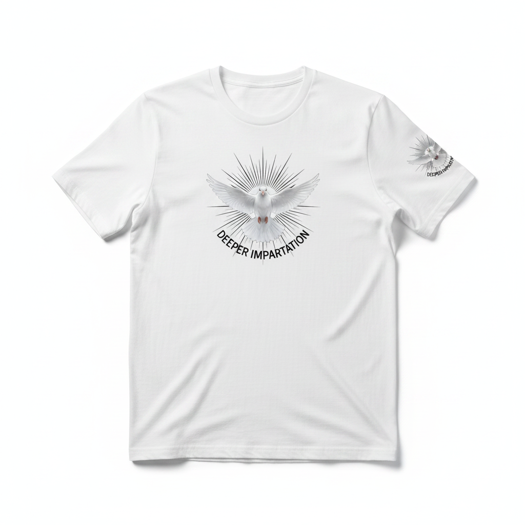 White t-shirt with Deeper Impartation dove logo