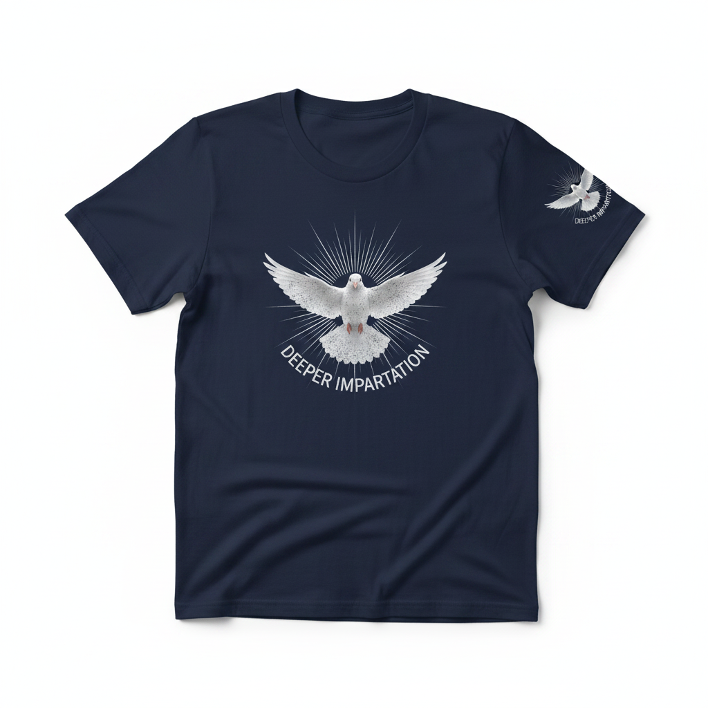 Navy blue t-shirt with Deeper Impartation dove logo
